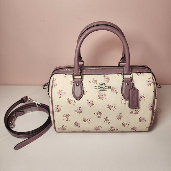 NWT COACH CAL58 ROWAN SATCHEL BAG WITH FLORAL PRINT Purple - Picture 1 of 8